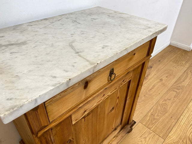 WMK I Schöne antike dänische Kommode aus vollem Holz mit Marmorplatte, Schublade & Messinggriffen I Schrank Marmorkommode Flurkommode Waschtisch Ablage Weichholz Jugendstil Vintage Berlin Bremen Bonn