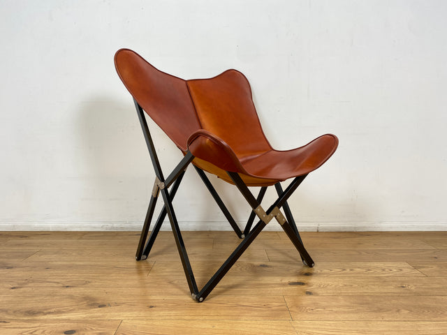 WMK I Das Highlight I Berühmter Designer Butterfly Chair von Weinbaums , zusammenfaltbar, mit hochwertigem Tabakbraunem Echtleder NP 1549€ I Sessel Stuhl Armchair Schmetterlingsstuhl BKF Leder Vintage