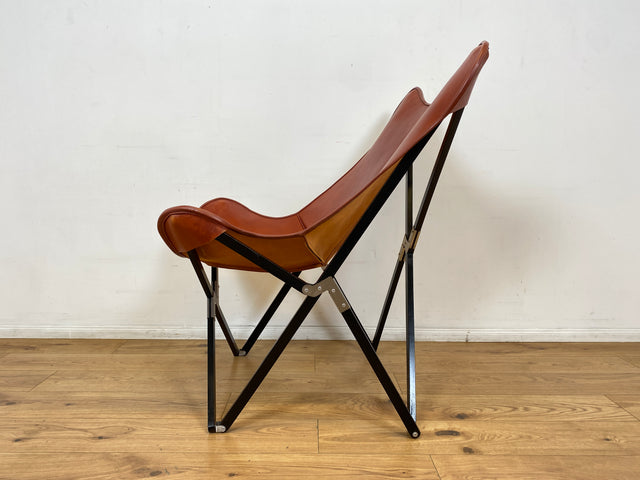 WMK I Das Highlight I Berühmter Designer Butterfly Chair von Weinbaums , zusammenfaltbar, mit hochwertigem Tabakbraunem Echtleder NP 1549€ I Sessel Stuhl Armchair Schmetterlingsstuhl BKF Leder Vintage