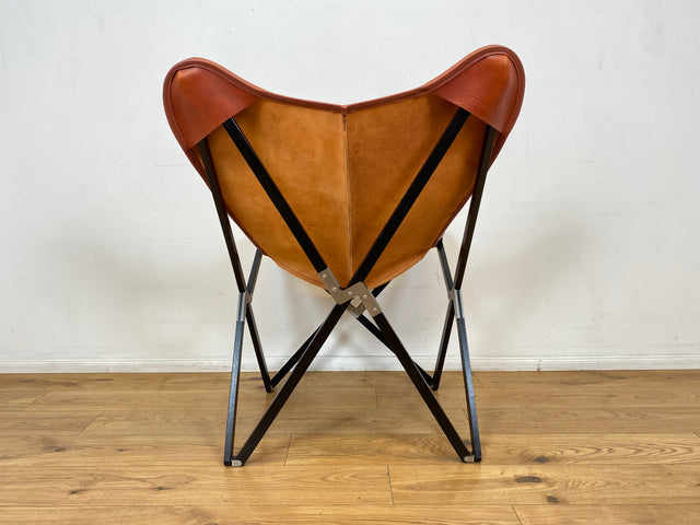 WMK I Das Highlight I Berühmter Designer Butterfly Chair von Weinbaums , zusammenfaltbar, mit hochwertigem Tabakbraunem Echtleder NP 1549€ I Sessel Stuhl Armchair Schmetterlingsstuhl BKF Leder Vintage