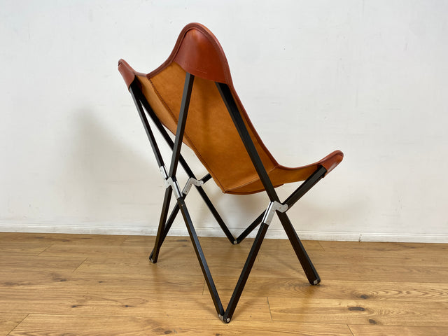 WMK I Das Highlight I Berühmter Designer Butterfly Chair von Weinbaums , zusammenfaltbar, mit hochwertigem Tabakbraunem Echtleder NP 1549€ I Sessel Stuhl Armchair Schmetterlingsstuhl BKF Leder Vintage