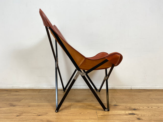 WMK I Das Highlight I Berühmter Designer Butterfly Chair von Weinbaums , zusammenfaltbar, mit hochwertigem Tabakbraunem Echtleder NP 1549€ I Sessel Stuhl Armchair Schmetterlingsstuhl BKF Leder Vintage