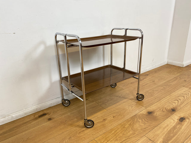WMK # Kultiger & sehr gut erhaltener faltbarer Servierwagen aus den 1970er Jahren mit Chromgestell und auf Rollen # Barwagen Teewagen Beistelltisch Couchtisch Vintage Industrial Design Space Age