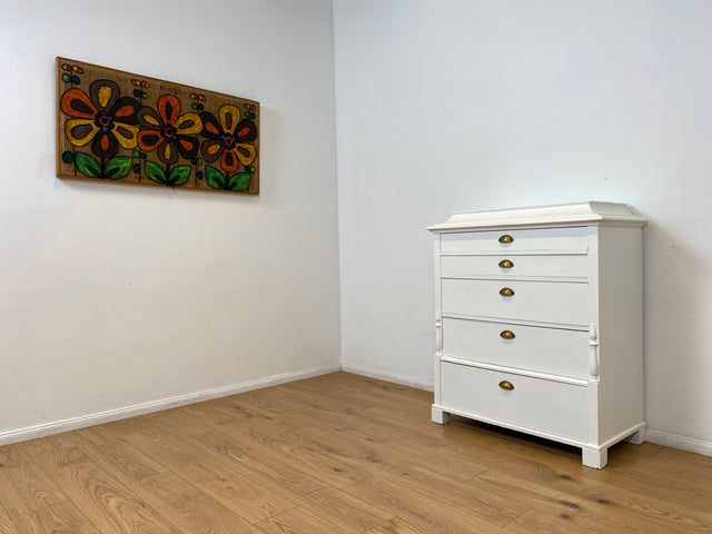 WMK # Elegante große antike Kommode in weiß aus vollem Holz mit geräumigen Schubladen und Messinggriffen, um 1890 # Schrank Schubladenkommode Wäschekommode Highboard Biedermeier Shabby Chic Vintage