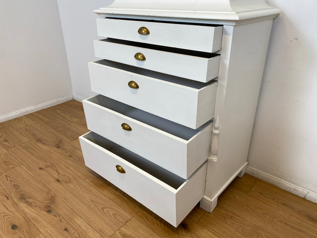 WMK # Elegante große antike Kommode in weiß aus vollem Holz mit geräumigen Schubladen und Messinggriffen, um 1890 # Schrank Schubladenkommode Wäschekommode Highboard Biedermeier Shabby Chic Vintage