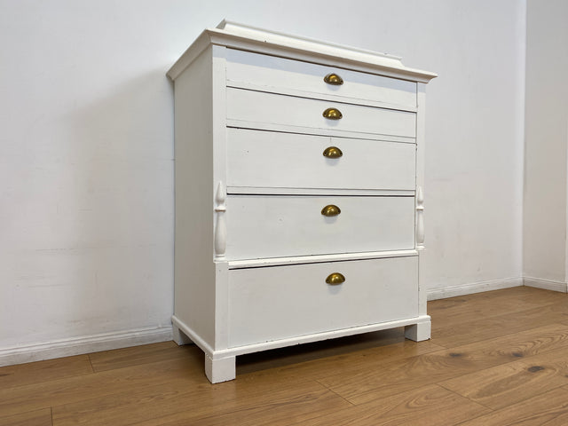 WMK # Elegante große antike Kommode in weiß aus vollem Holz mit geräumigen Schubladen und Messinggriffen, um 1890 # Schrank Schubladenkommode Wäschekommode Highboard Biedermeier Shabby Chic Vintage