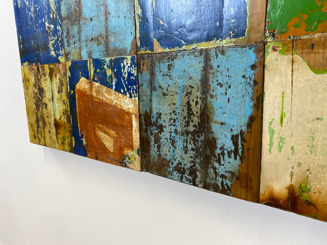 Boatwood by WMK # 110x110 großes Patchwork Holz Bild , ein handgefertigtes Unikat aus recyceltem Bootsholz # buntes Wandbild Wandpaneel Bild Kunstwerk Design Loft Wanddekoration Mosaik Wanddekor Dekor
