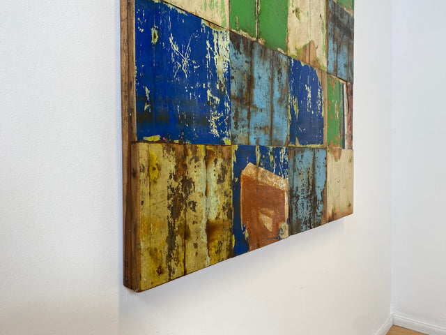 Boatwood by WMK # 110x110 großes Patchwork Holz Bild , ein handgefertigtes Unikat aus recyceltem Bootsholz # buntes Wandbild Wandpaneel Bild Kunstwerk Design Loft Wanddekoration Mosaik Wanddekor Dekor