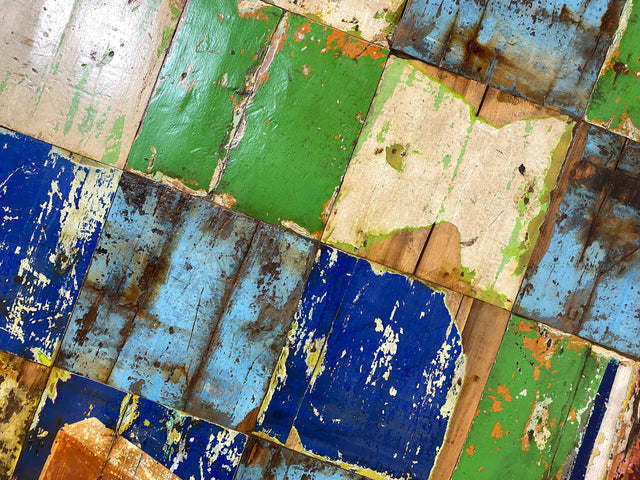 Boatwood by WMK # 110x110 großes Patchwork Holz Bild , ein handgefertigtes Unikat aus recyceltem Bootsholz # buntes Wandbild Wandpaneel Bild Kunstwerk Design Loft Wanddekoration Mosaik Wanddekor Dekor