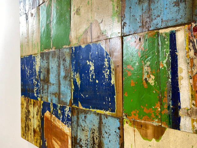 Boatwood by WMK # 110x110 großes Patchwork Holz Bild , ein handgefertigtes Unikat aus recyceltem Bootsholz # buntes Wandbild Wandpaneel Bild Kunstwerk Design Loft Wanddekoration Mosaik Wanddekor Dekor