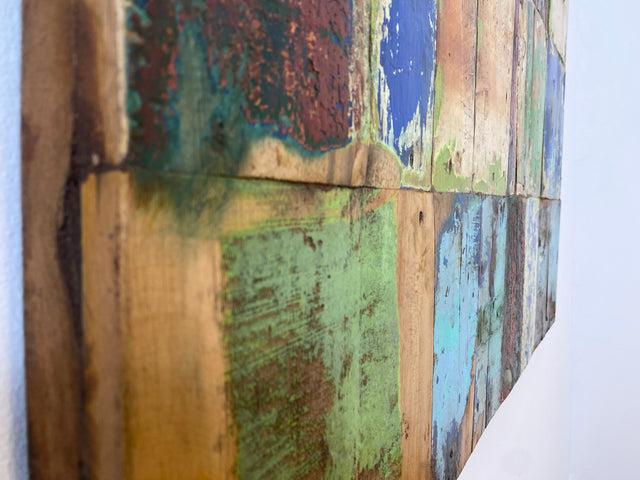 Boatwood by WMK # 90x90cm großes Patchwork Holz Bild , ein handgefertigtes Unikat aus recyceltem Bootsholz # buntes Wandbild Wandpaneel Bild Kunstwerk Design Loft Wanddekoration Mosaik Wanddekor Dekor