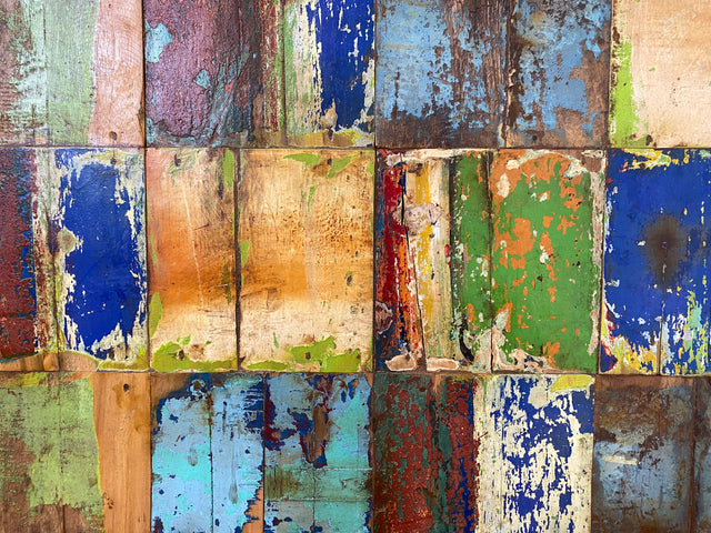 Boatwood by WMK # 90x90cm großes Patchwork Holz Bild , ein handgefertigtes Unikat aus recyceltem Bootsholz # buntes Wandbild Wandpaneel Bild Kunstwerk Design Loft Wanddekoration Mosaik Wanddekor Dekor