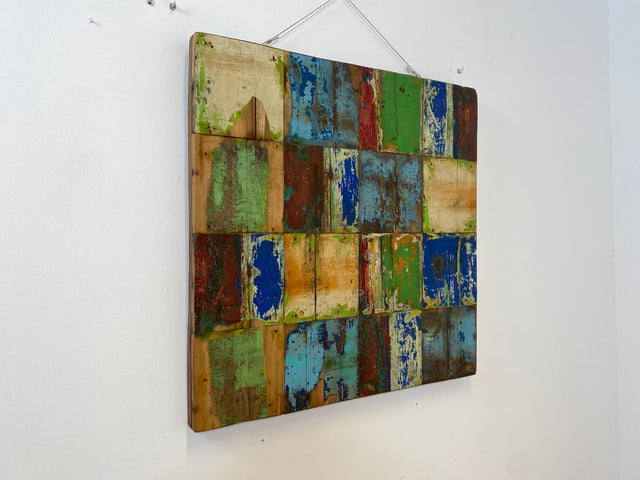 Boatwood by WMK # 90x90cm großes Patchwork Holz Bild , ein handgefertigtes Unikat aus recyceltem Bootsholz # buntes Wandbild Wandpaneel Bild Kunstwerk Design Loft Wanddekoration Mosaik Wanddekor Dekor
