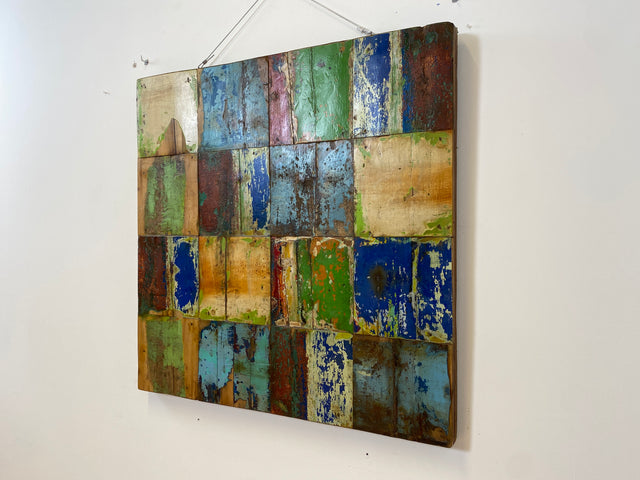 Boatwood by WMK # 90x90cm großes Patchwork Holz Bild , ein handgefertigtes Unikat aus recyceltem Bootsholz # buntes Wandbild Wandpaneel Bild Kunstwerk Design Loft Wanddekoration Mosaik Wanddekor Dekor