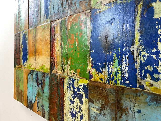 Boatwood by WMK # 90x90cm großes Patchwork Holz Bild , ein handgefertigtes Unikat aus recyceltem Bootsholz # buntes Wandbild Wandpaneel Bild Kunstwerk Design Loft Wanddekoration Mosaik Wanddekor Dekor