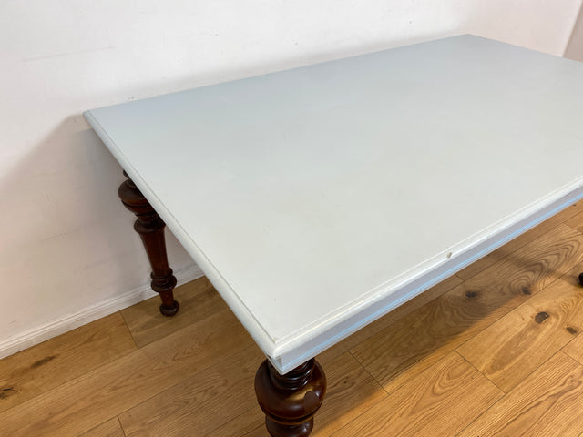 WMK I Imposanter Gründerzeit Esstisch , Vollholz, mit hellblau lackierter Tischplatte & gedrechselten Beinen I großer Esszimmertisch Tisch Tafel Dining Table Schreibtisch Antik Vintage Berlin NRW Bonn