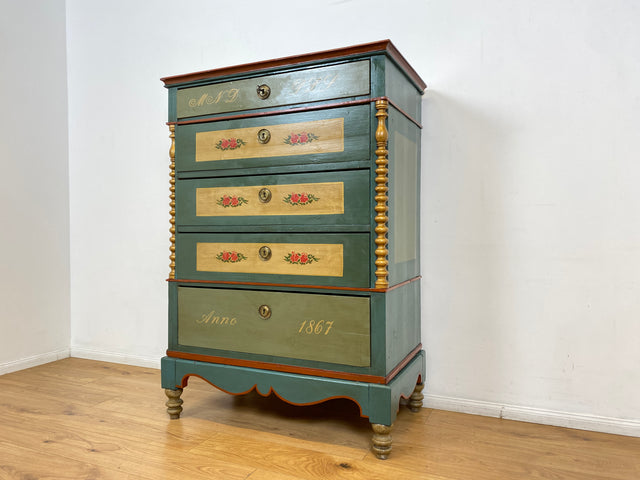 WMK I Anno 1867 I Historischer Hochschrank, Vollholz handbemalt, mit Schubladen & Baluster-Säulen I Schrank Bauernschrank Bauernkommode Highboard Kommode kein Voglauer Biedermeier Antik Vintage Berlin