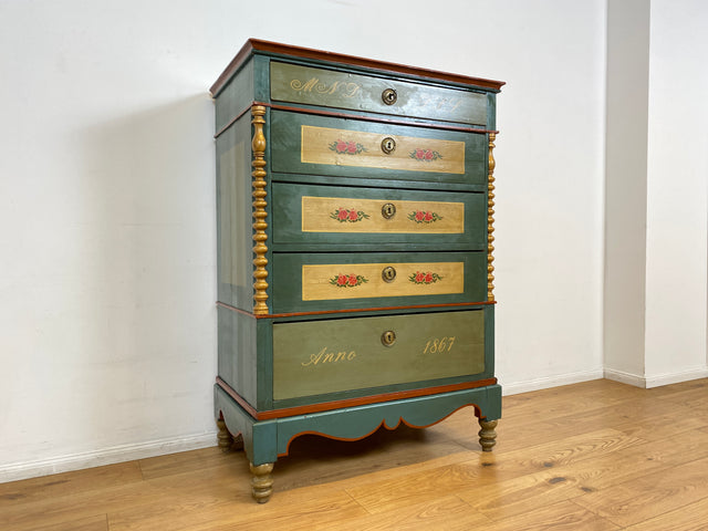 WMK I Anno 1867 I Historischer Hochschrank, Vollholz handbemalt, mit Schubladen & Baluster-Säulen I Schrank Bauernschrank Bauernkommode Highboard Kommode kein Voglauer Biedermeier Antik Vintage Berlin