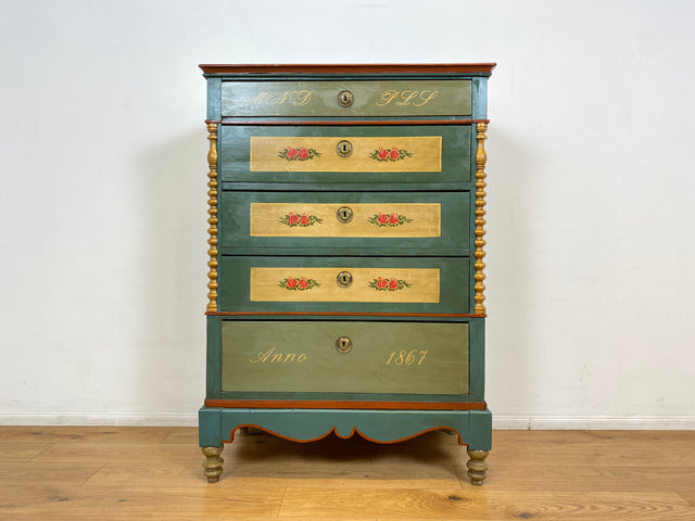 WMK I Anno 1867 I Historischer Hochschrank, Vollholz handbemalt, mit Schubladen & Baluster-Säulen I Schrank Bauernschrank Bauernkommode Highboard Kommode kein Voglauer Biedermeier Antik Vintage Berlin