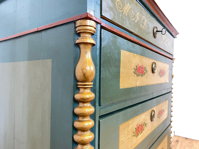 WMK I Anno 1867 I Historischer Hochschrank, Vollholz handbemalt, mit Schubladen & Baluster-Säulen I Schrank Bauernschrank Bauernkommode Highboard Kommode kein Voglauer Biedermeier Antik Vintage Berlin