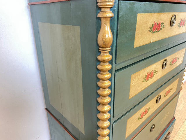 WMK I Anno 1867 I Historischer Hochschrank, Vollholz handbemalt, mit Schubladen & Baluster-Säulen I Schrank Bauernschrank Bauernkommode Highboard Kommode kein Voglauer Biedermeier Antik Vintage Berlin