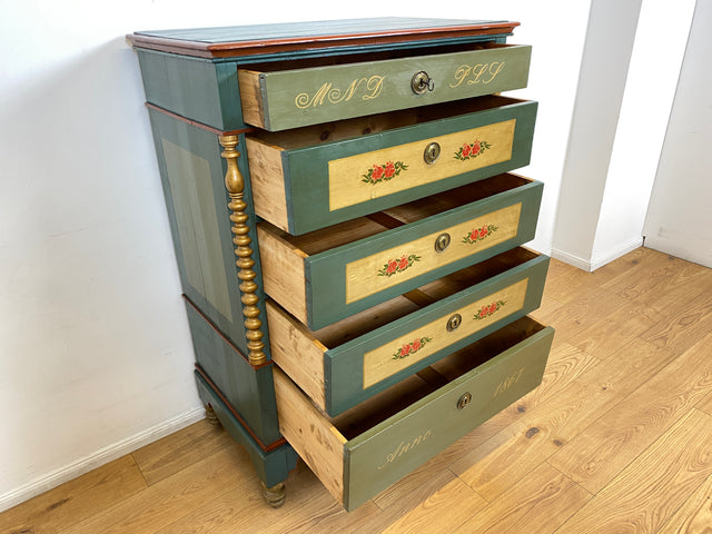 WMK I Anno 1867 I Historischer Hochschrank, Vollholz handbemalt, mit Schubladen & Baluster-Säulen I Schrank Bauernschrank Bauernkommode Highboard Kommode kein Voglauer Biedermeier Antik Vintage Berlin