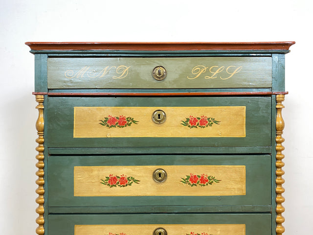 WMK I Anno 1867 I Historischer Hochschrank, Vollholz handbemalt, mit Schubladen & Baluster-Säulen I Schrank Bauernschrank Bauernkommode Highboard Kommode kein Voglauer Biedermeier Antik Vintage Berlin