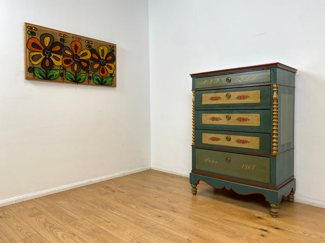 WMK I Anno 1867 I Historischer Hochschrank, Vollholz handbemalt, mit Schubladen & Baluster-Säulen I Schrank Bauernschrank Bauernkommode Highboard Kommode kein Voglauer Biedermeier Antik Vintage Berlin
