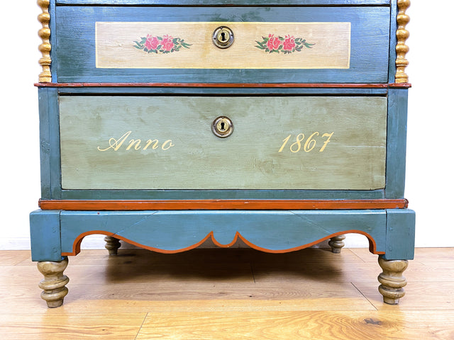 WMK I Anno 1867 I Historischer Hochschrank, Vollholz handbemalt, mit Schubladen & Baluster-Säulen I Schrank Bauernschrank Bauernkommode Highboard Kommode kein Voglauer Biedermeier Antik Vintage Berlin