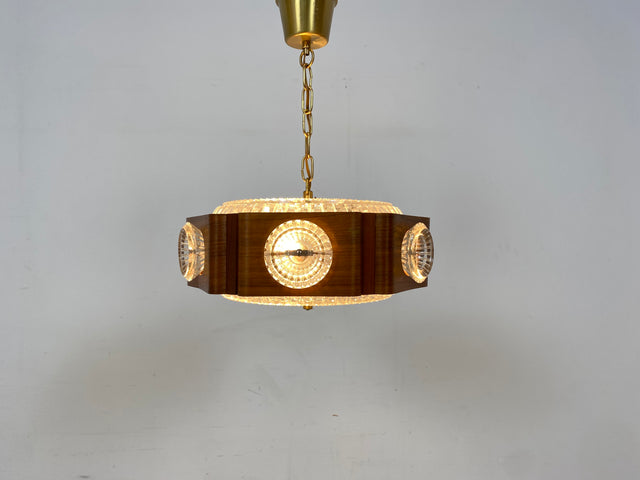 WMK Stilvolle und gut erhaltene skandinavische Space Age Deckenlampe Teakholz Ummantelung & Glaseinsätzen # Pendelleuchte Deckenleuchte Hängelampe Lampe Wohnzimmerlampe Küchenlampe Teak 60er Vintage