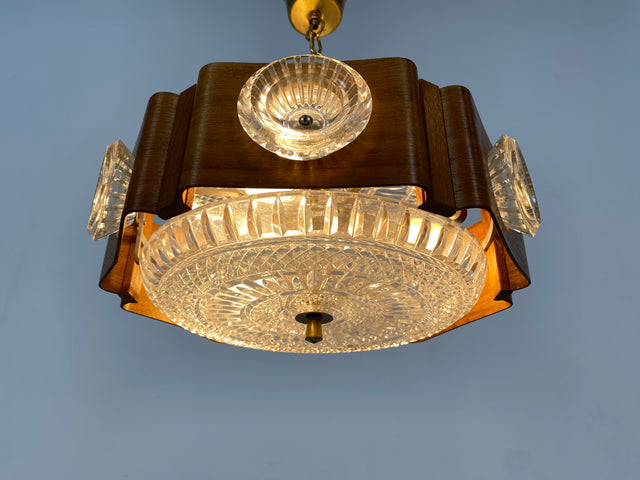 WMK Stilvolle und gut erhaltene skandinavische Space Age Deckenlampe Teakholz Ummantelung & Glaseinsätzen # Pendelleuchte Deckenleuchte Hängelampe Lampe Wohnzimmerlampe Küchenlampe Teak 60er Vintage