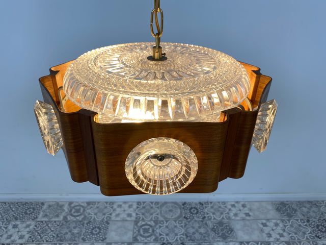 WMK Stilvolle und gut erhaltene skandinavische Space Age Deckenlampe Teakholz Ummantelung & Glaseinsätzen # Pendelleuchte Deckenleuchte Hängelampe Lampe Wohnzimmerlampe Küchenlampe Teak 60er Vintage