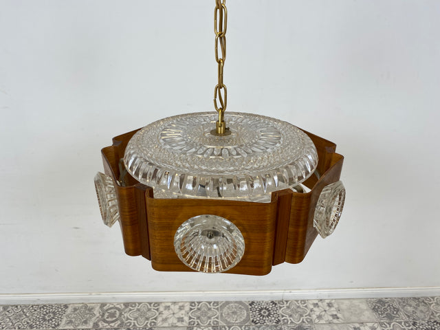 WMK Stilvolle und gut erhaltene skandinavische Space Age Deckenlampe Teakholz Ummantelung & Glaseinsätzen # Pendelleuchte Deckenleuchte Hängelampe Lampe Wohnzimmerlampe Küchenlampe Teak 60er Vintage