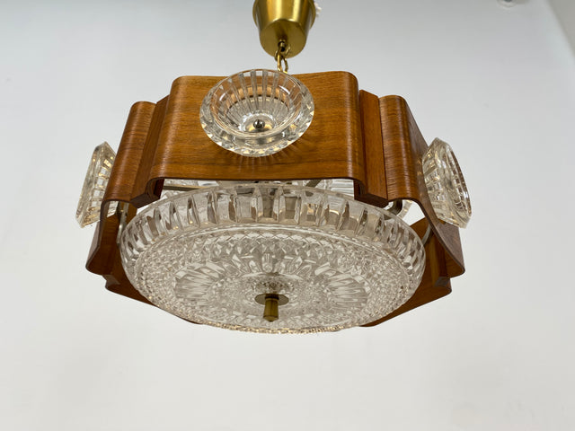 WMK Stilvolle und gut erhaltene skandinavische Space Age Deckenlampe Teakholz Ummantelung & Glaseinsätzen # Pendelleuchte Deckenleuchte Hängelampe Lampe Wohnzimmerlampe Küchenlampe Teak 60er Vintage