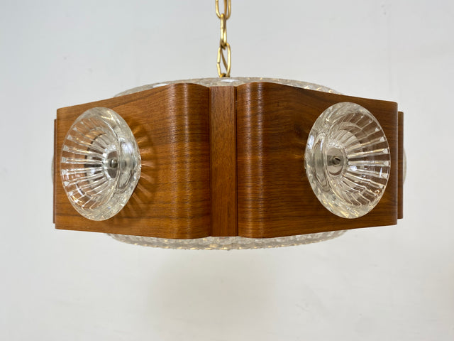 WMK Stilvolle und gut erhaltene skandinavische Space Age Deckenlampe Teakholz Ummantelung & Glaseinsätzen # Pendelleuchte Deckenleuchte Hängelampe Lampe Wohnzimmerlampe Küchenlampe Teak 60er Vintage