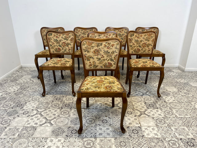 WMK Set aus 8 raumaufhellenden und gut erhaltenen Mid-Century Esszimmerstühlen mit tollem floralem Bezug und bequemen Federkernsitzen # Stühle Küchenstühle Holzstühle Art Deco 50er 60er Vintage