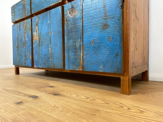 Boatwood by WMK # Sehr schönes meeresblaues Sideboard mit Schubladen , ein aus altem Bootsholz handgefertigtes Unikat aus massivem Teakholz # Schrank Kommode Anrichte Wäschekommode Fernsehkommode Teak