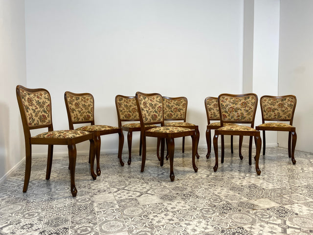 WMK Set aus 8 raumaufhellenden und gut erhaltenen Mid-Century Esszimmerstühlen mit tollem floralem Bezug und bequemen Federkernsitzen # Stühle Küchenstühle Holzstühle Art Deco 50er 60er Vintage
