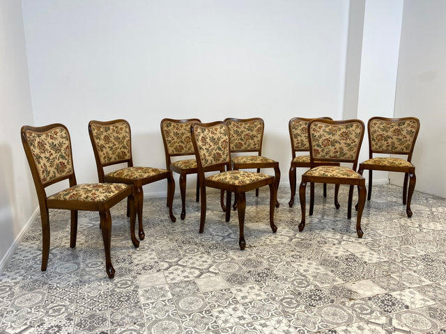 WMK Set aus 8 raumaufhellenden und gut erhaltenen Mid-Century Esszimmerstühlen mit tollem floralem Bezug und bequemen Federkernsitzen # Stühle Küchenstühle Holzstühle Art Deco 50er 60er Vintage