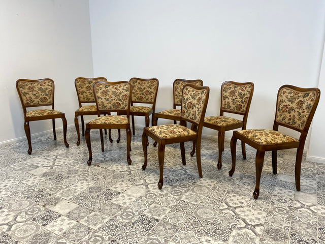 WMK Set aus 8 raumaufhellenden und gut erhaltenen Mid-Century Esszimmerstühlen mit tollem floralem Bezug und bequemen Federkernsitzen # Stühle Küchenstühle Holzstühle Art Deco 50er 60er Vintage