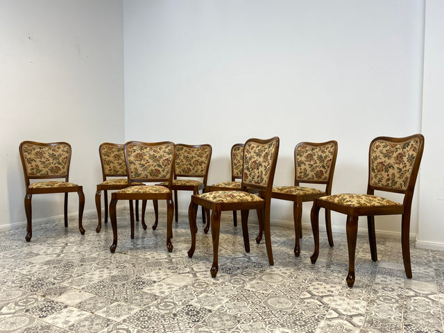 WMK Set aus 8 raumaufhellenden und gut erhaltenen Mid-Century Esszimmerstühlen mit tollem floralem Bezug und bequemen Federkernsitzen # Stühle Küchenstühle Holzstühle Art Deco 50er 60er Vintage