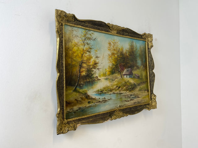 WMK Freundliches & sehr gut gemaltes Öl auf Leinwand Landschaftsgemälde, 111x80cm, signiert mit PR98, in gut erhaltenem Stuckrahmen in Gold # Bild Gemälde Wandgemälde Ölgemälde Goldrahmen Vintage