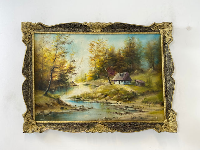 WMK Freundliches & sehr gut gemaltes Öl auf Leinwand Landschaftsgemälde, 111x80cm, signiert mit PR98, in gut erhaltenem Stuckrahmen in Gold # Bild Gemälde Wandgemälde Ölgemälde Goldrahmen Vintage