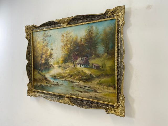 WMK Freundliches & sehr gut gemaltes Öl auf Leinwand Landschaftsgemälde, 111x80cm, signiert mit PR98, in gut erhaltenem Stuckrahmen in Gold # Bild Gemälde Wandgemälde Ölgemälde Goldrahmen Vintage