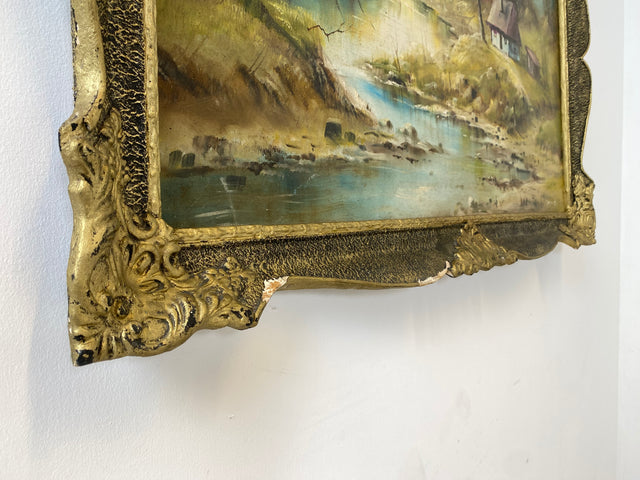 WMK Freundliches & sehr gut gemaltes Öl auf Leinwand Landschaftsgemälde, 111x80cm, signiert mit PR98, in gut erhaltenem Stuckrahmen in Gold # Bild Gemälde Wandgemälde Ölgemälde Goldrahmen Vintage