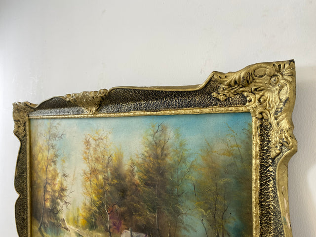 WMK Freundliches & sehr gut gemaltes Öl auf Leinwand Landschaftsgemälde, 111x80cm, signiert mit PR98, in gut erhaltenem Stuckrahmen in Gold # Bild Gemälde Wandgemälde Ölgemälde Goldrahmen Vintage