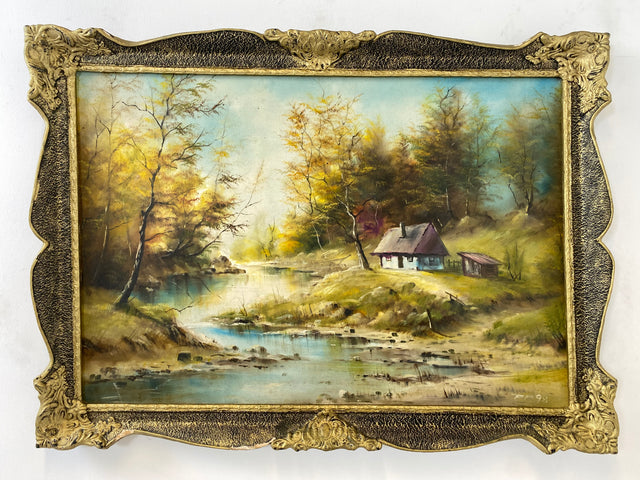 WMK Freundliches & sehr gut gemaltes Öl auf Leinwand Landschaftsgemälde, 111x80cm, signiert mit PR98, in gut erhaltenem Stuckrahmen in Gold # Bild Gemälde Wandgemälde Ölgemälde Goldrahmen Vintage