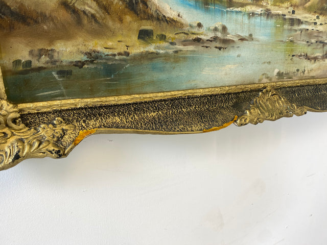 WMK Freundliches & sehr gut gemaltes Öl auf Leinwand Landschaftsgemälde, 111x80cm, signiert mit PR98, in gut erhaltenem Stuckrahmen in Gold # Bild Gemälde Wandgemälde Ölgemälde Goldrahmen Vintage