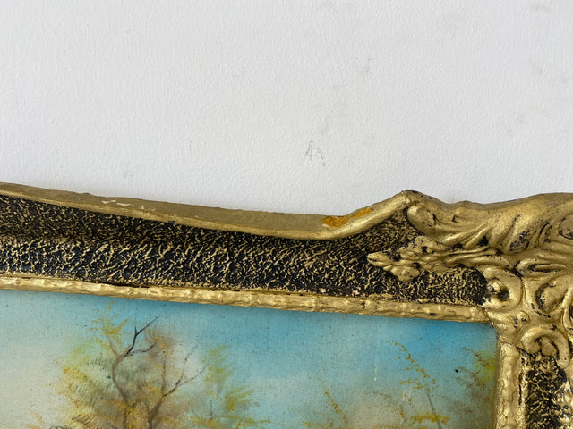 WMK Freundliches & sehr gut gemaltes Öl auf Leinwand Landschaftsgemälde, 111x80cm, signiert mit PR98, in gut erhaltenem Stuckrahmen in Gold # Bild Gemälde Wandgemälde Ölgemälde Goldrahmen Vintage