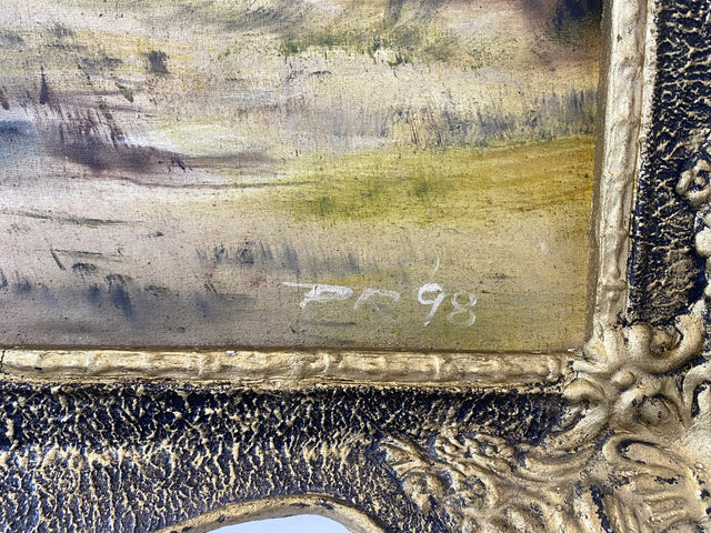 WMK Freundliches & sehr gut gemaltes Öl auf Leinwand Landschaftsgemälde, 111x80cm, signiert mit PR98, in gut erhaltenem Stuckrahmen in Gold # Bild Gemälde Wandgemälde Ölgemälde Goldrahmen Vintage